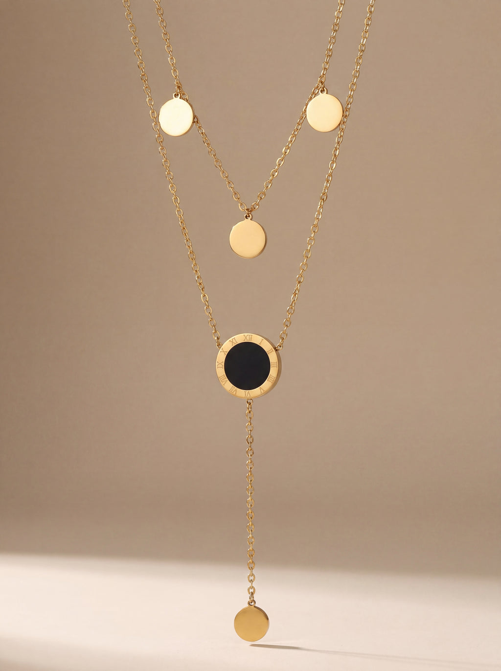 Double Layer Roman Disc Necklace - Black