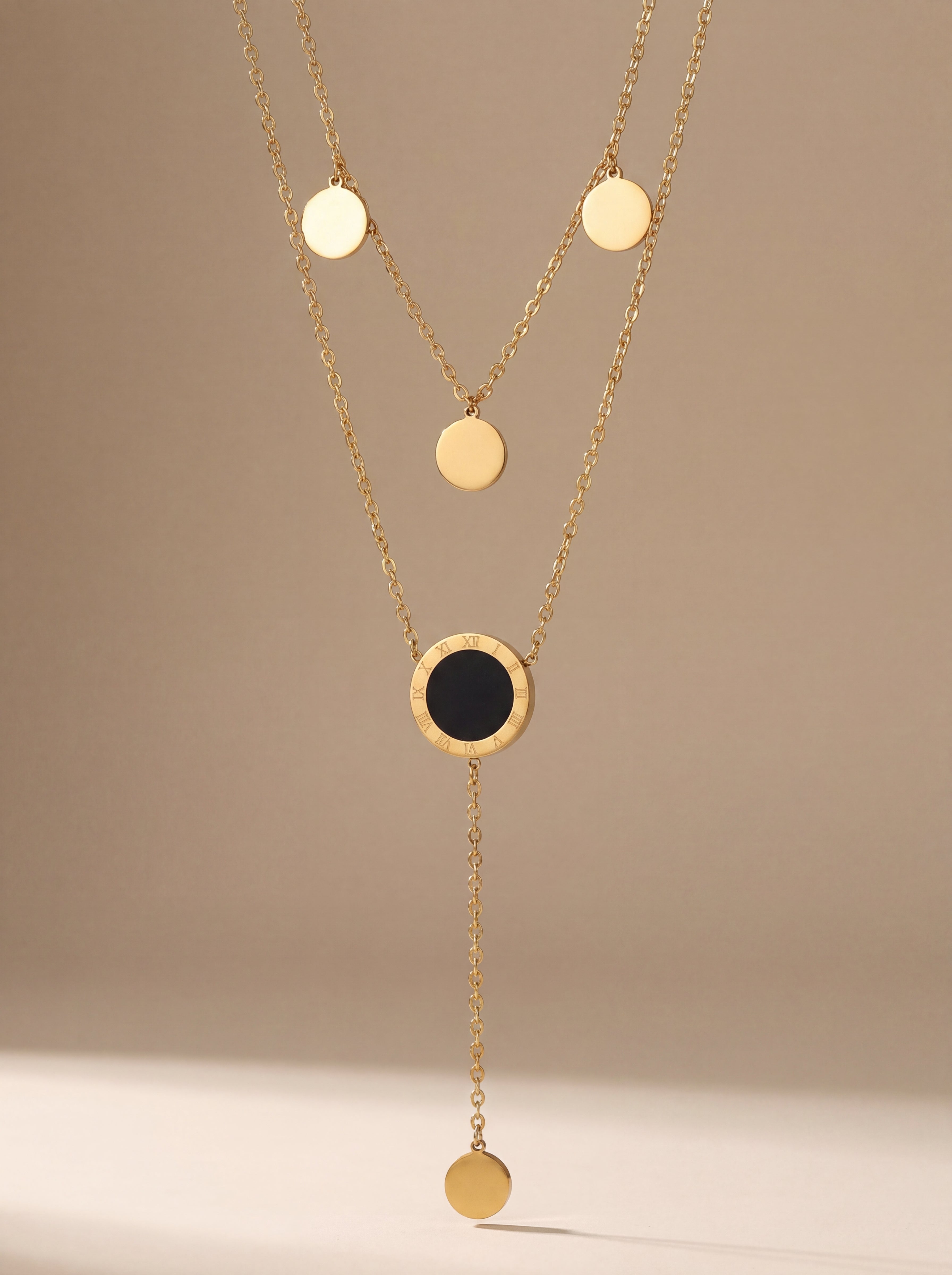 Double Layer Roman Disc Necklace - Black